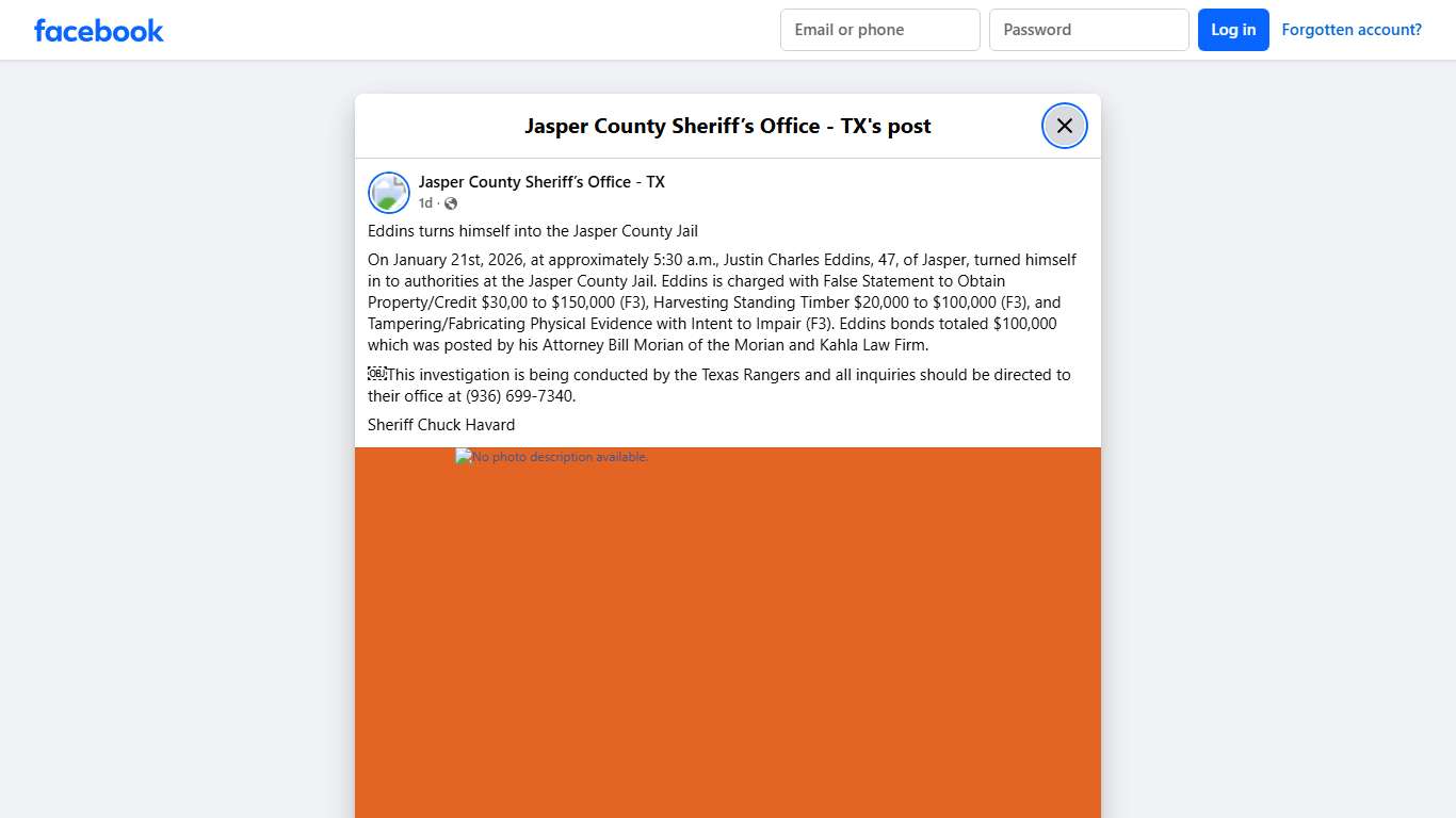 Eddins turns himself... - Jasper County Sheriff’s Office - TX Facebook